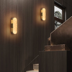 English Elm 13.8 Inch Natural Marble Wall Sconces Matte Gold LED Set for Vanity and Hallway W1340P430906