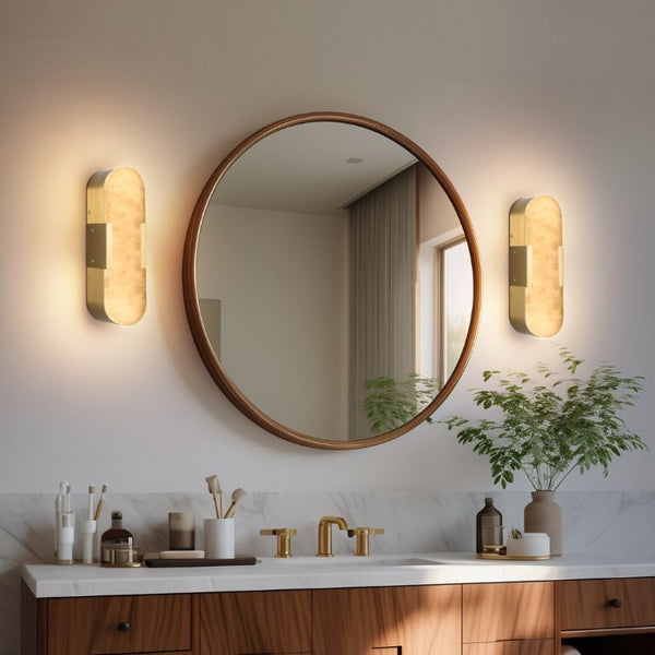 English Elm 13.8 Inch Natural Marble Wall Sconces Matte Gold LED Set for Vanity and Hallway W1340P430906