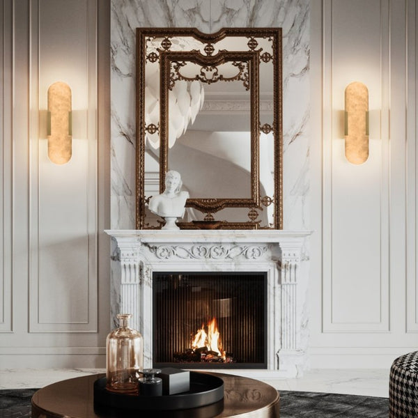 English Elm 13.8 Inch Natural Marble Wall Sconces Matte Gold LED Set for Vanity and Hallway W1340P430906