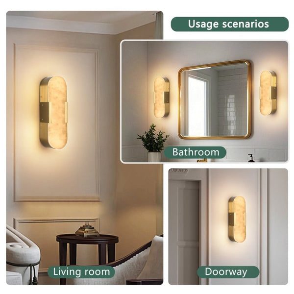 English Elm 13.8 Inch Natural Marble Wall Sconces Matte Gold LED Set for Vanity and Hallway W1340P430906