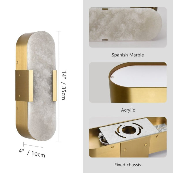 English Elm 13.8 Inch Natural Marble Wall Sconces Matte Gold LED Set for Vanity and Hallway W1340P430906