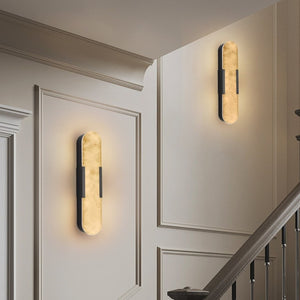 English Elm 19.7 Inch Alabaster Marble Wall Sconces Set of Two with Matte Black Iron Frame W1340P430907