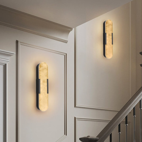 English Elm 19.7 Inch Alabaster Marble Wall Sconces Set of Two with Matte Black Iron Frame W1340P430907