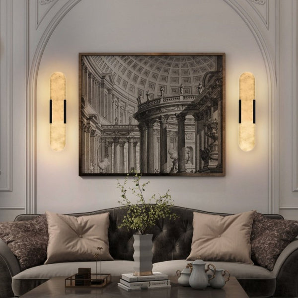English Elm 19.7 Inch Alabaster Marble Wall Sconces Set of Two with Matte Black Iron Frame W1340P430907