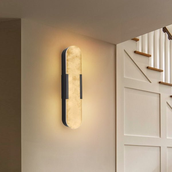 English Elm 19.7 Inch Alabaster Marble Wall Sconces Set of Two with Matte Black Iron Frame W1340P430907