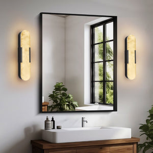 English Elm 19.7 Inch Alabaster Marble Wall Sconces Set of Two with Matte Black Iron Frame W1340P430907