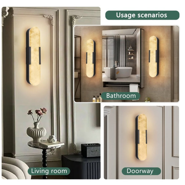English Elm 19.7 Inch Alabaster Marble Wall Sconces Set of Two with Matte Black Iron Frame W1340P430907