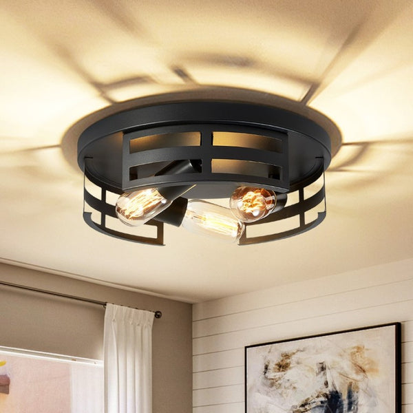 English Elm 13 Inch Matte Black Three Light Flush Mount Farmhouse Ceiling Fixture Set of Two W1340P437372