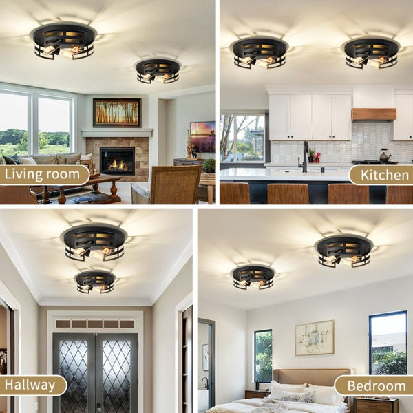 English Elm 13 Inch Matte Black Three Light Flush Mount Farmhouse Ceiling Fixture Set of Two W1340P437372