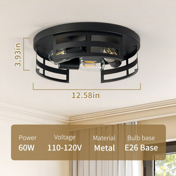 English Elm 13 Inch Matte Black Three Light Flush Mount Farmhouse Ceiling Fixture Set of Two W1340P437372