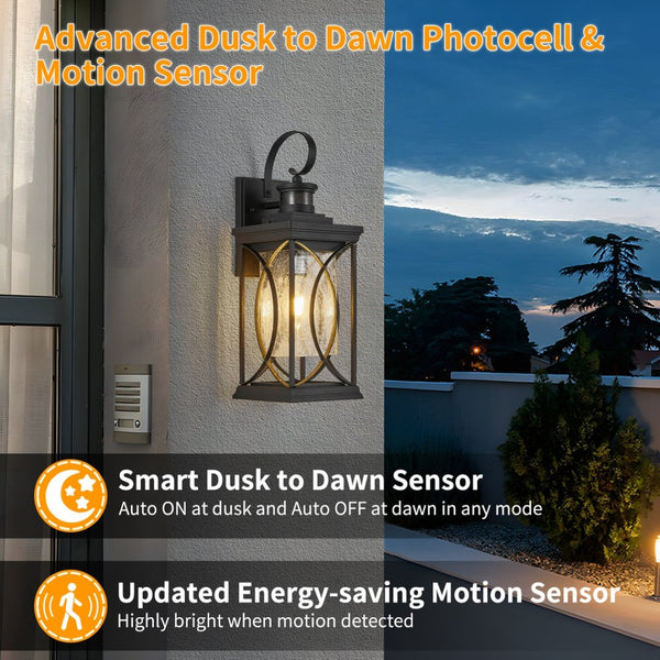 English Elm Motion Sensor Dusk to Dawn Outdoor Sconce Matte Black Lantern with Clear Glass W1340P454694