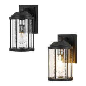 English Elm Outdoor Matte Black Aluminum Lantern Wall Sconces Set of Two with Seeded Glass Panels W1340P454695
