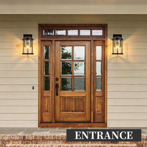 English Elm Outdoor Matte Black Aluminum Lantern Wall Sconces Set of Two with Seeded Glass Panels W1340P454695