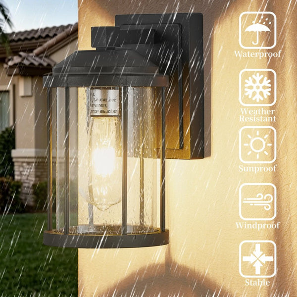 English Elm Outdoor Matte Black Aluminum Lantern Wall Sconces Set of Two with Seeded Glass Panels W1340P454695