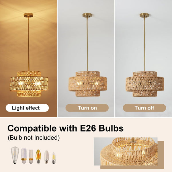 English Elm 17.7 Inch Hand Woven Rattan Chandelier Boho Farmhouse Pendant for Dining Kitchen Island W1340P461536