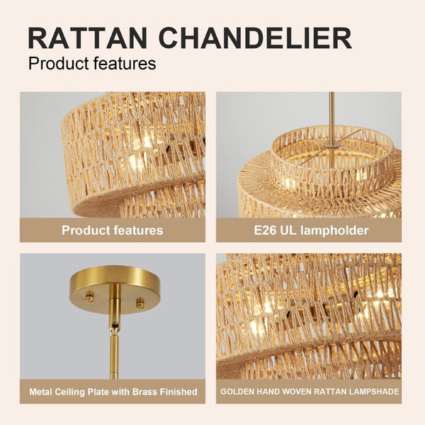 English Elm 17.7 Inch Hand Woven Rattan Chandelier Boho Farmhouse Pendant for Dining Kitchen Island W1340P461536