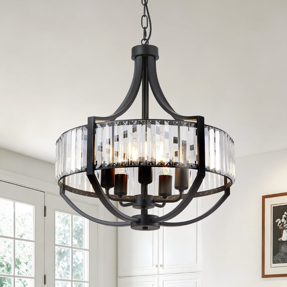 English Elm 20 Inch Matte Black Crystal Chandelier 5 Light Farmhouse Pendant for Dining Foyer Island W1340P461537