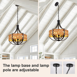 English Elm 19.7 Inch 5 Light Boho Chandelier Hand Woven Reed Shade Matte Black Farmhouse Pendant W1340P461538