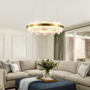 English Elm Modern Alabaster Round Chandelier Natural Stone Veining Warm Glow for Any Room W1340P461546
