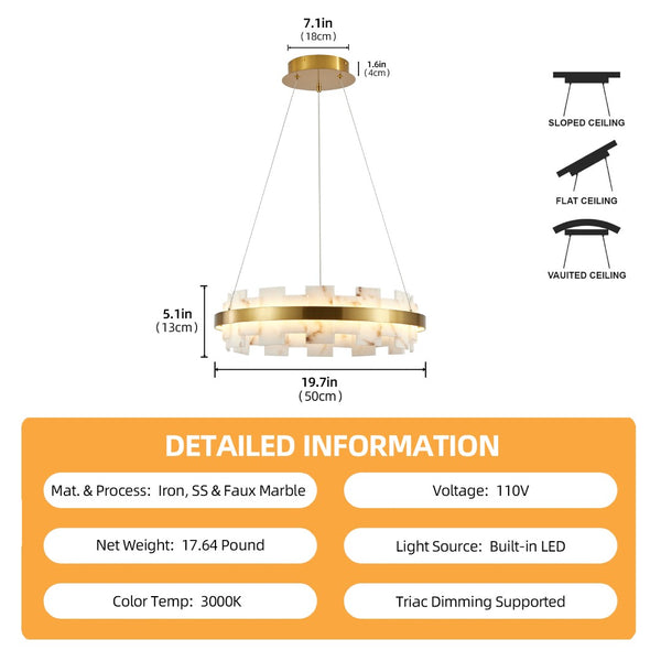 English Elm Modern Alabaster Round Chandelier Natural Stone Veining Warm Glow for Any Room W1340P461546