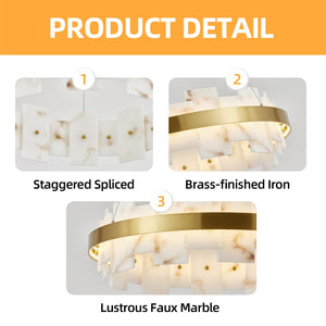 English Elm Modern Alabaster Round Chandelier Natural Stone Veining Warm Glow for Any Room W1340P461546