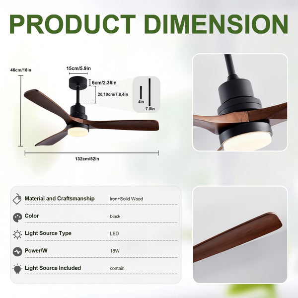 English Elm 52 Inch Wooden Blade Ceiling Fan with Dimmable LED Remote Indoor Outdoor Modern W1340P461549