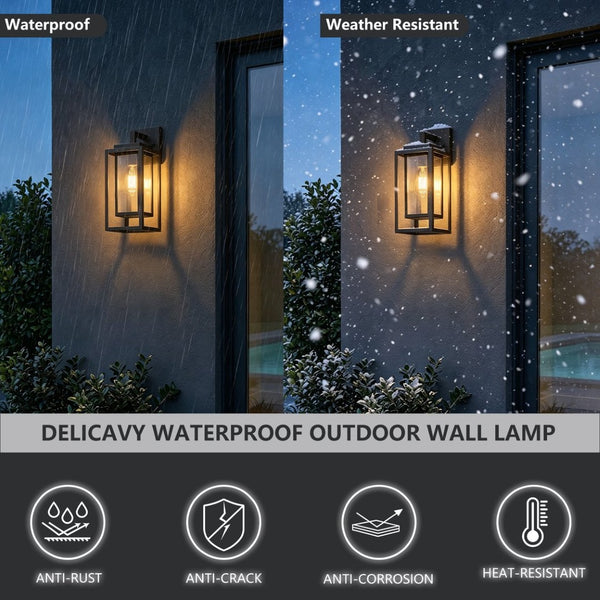 English Elm 14 Inch Outdoor Wall Sconces Satin Black Tempered Glass Cage Lanterns for Porch Patio Set of 2 W1340P505863
