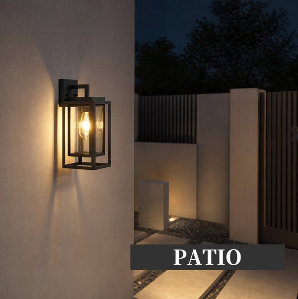 English Elm 14 Inch Outdoor Wall Sconces Satin Black Tempered Glass Cage Lanterns for Porch Patio Set of 2 W1340P505863