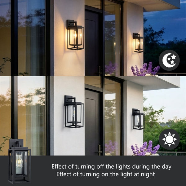 English Elm 14 Inch Outdoor Wall Sconces Satin Black Tempered Glass Cage Lanterns for Porch Patio Set of 2 W1340P505863