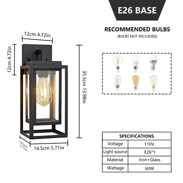 English Elm 14 Inch Outdoor Wall Sconces Satin Black Tempered Glass Cage Lanterns for Porch Patio Set of 2 W1340P505863