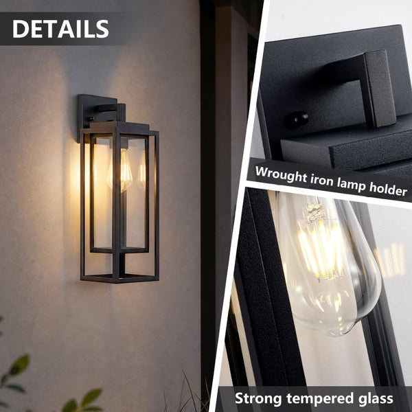 English Elm 18 Inch Outdoor Satin Black Rectangular Cage Wall Sconce Set of Two Tempered Glass Porch Lanterns W1340P505864
