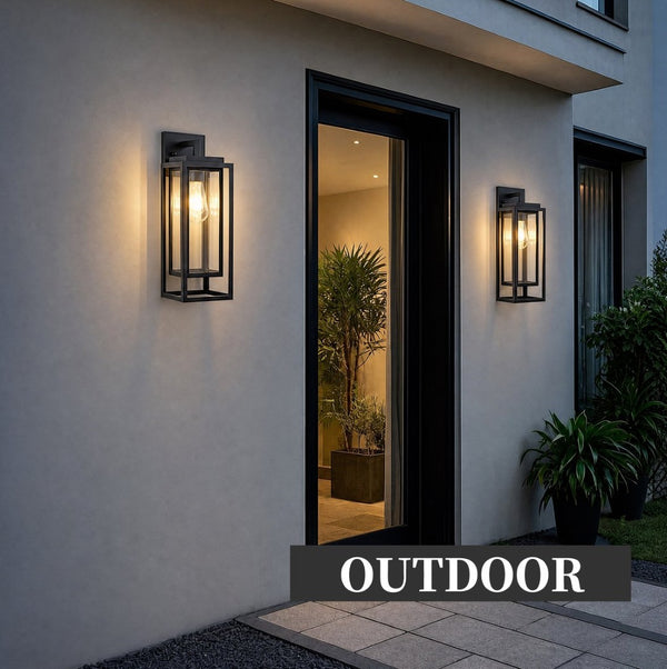 English Elm 18 Inch Outdoor Satin Black Rectangular Cage Wall Sconce Set of Two Tempered Glass Porch Lanterns W1340P505864