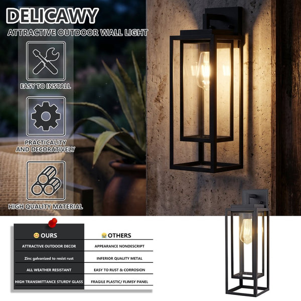 English Elm 18 Inch Outdoor Satin Black Rectangular Cage Wall Sconce Set of Two Tempered Glass Porch Lanterns W1340P505864