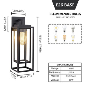 English Elm 18 Inch Outdoor Satin Black Rectangular Cage Wall Sconce Set of Two Tempered Glass Porch Lanterns W1340P505864
