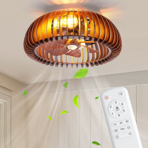 English Elm 20 Inch Industrial Caged Ceiling Fan Seven Wood Blades DC Motor Remote Flush Mount W1340P505960