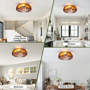 English Elm 20 Inch Industrial Caged Ceiling Fan Seven Wood Blades DC Motor Remote Flush Mount W1340P505960