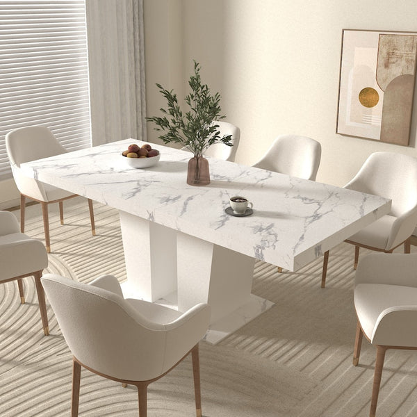 English Elm Extendable Faux Marble Rectangle Dining Table Seats Ten with Dual Pedestal Wood Base W1347S00022