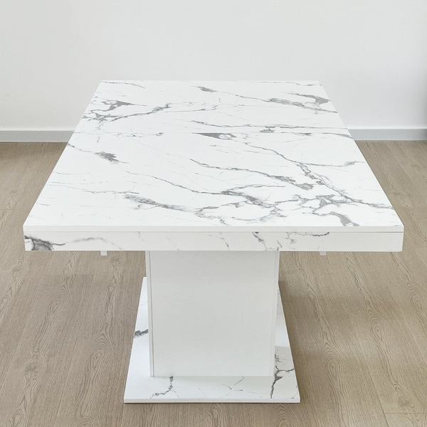 English Elm Extendable Faux Marble Rectangle Dining Table Seats Ten with Dual Pedestal Wood Base W1347S00022