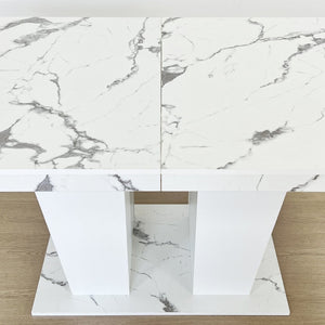 English Elm Extendable Faux Marble Rectangle Dining Table Seats Ten with Dual Pedestal Wood Base W1347S00022
