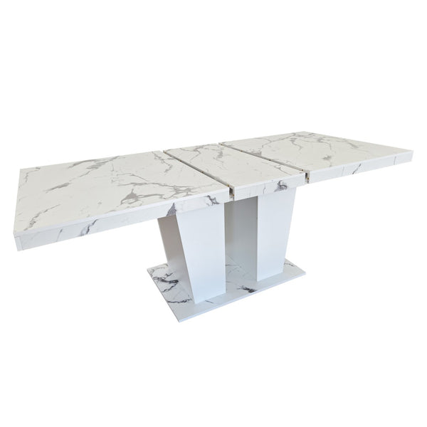 English Elm Extendable Faux Marble Rectangle Dining Table Seats Ten with Dual Pedestal Wood Base W1347S00022