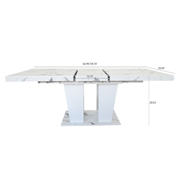 English Elm Extendable Faux Marble Rectangle Dining Table Seats Ten with Dual Pedestal Wood Base W1347S00022