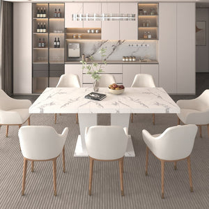 English Elm Extendable Faux Marble Rectangle Dining Table Seats Ten with Dual Pedestal Wood Base W1347S00022