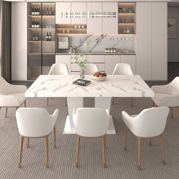 English Elm Extendable Faux Marble Rectangle Dining Table Seats Ten with Dual Pedestal Wood Base W1347S00022