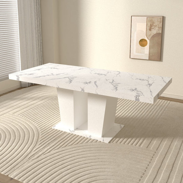 English Elm Extendable Faux Marble Rectangle Dining Table Seats Ten with Dual Pedestal Wood Base W1347S00022