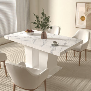 English Elm Extendable Faux Marble Rectangle Dining Table Seats Ten with Dual Pedestal Wood Base W1347S00022