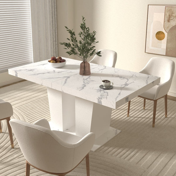 English Elm Extendable Faux Marble Rectangle Dining Table Seats Ten with Dual Pedestal Wood Base W1347S00022
