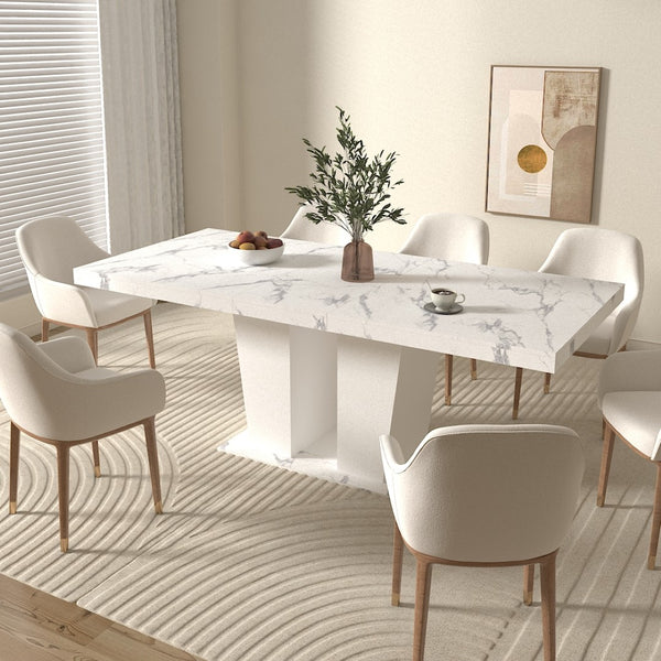 English Elm Extendable Faux Marble Rectangle Dining Table Seats Ten with Dual Pedestal Wood Base W1347S00022