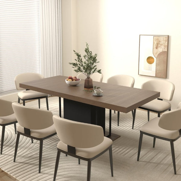 English Elm Rectangle Extendable Dining Table Seats 10 Aged Wood Finish Bold Black Legs W1347S00024