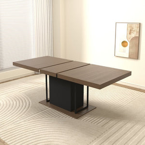 English Elm Rectangle Extendable Dining Table Seats 10 Aged Wood Finish Bold Black Legs W1347S00024