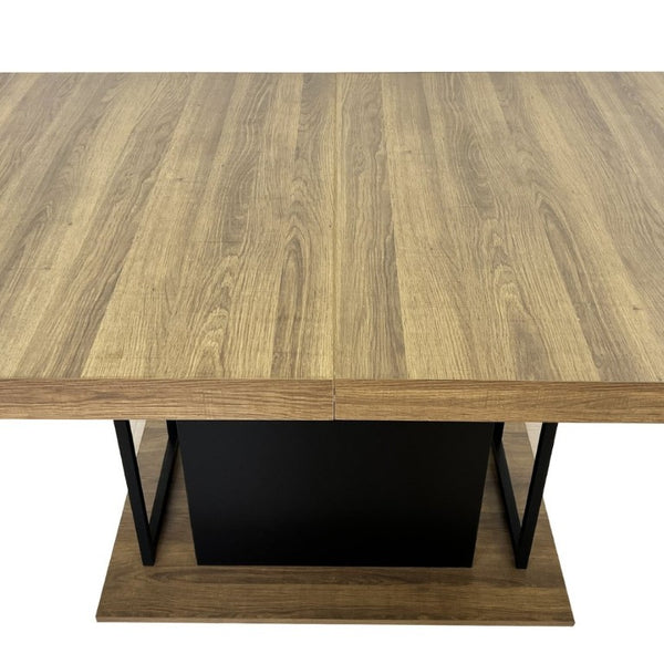 English Elm Rectangle Extendable Dining Table Seats 10 Aged Wood Finish Bold Black Legs W1347S00024